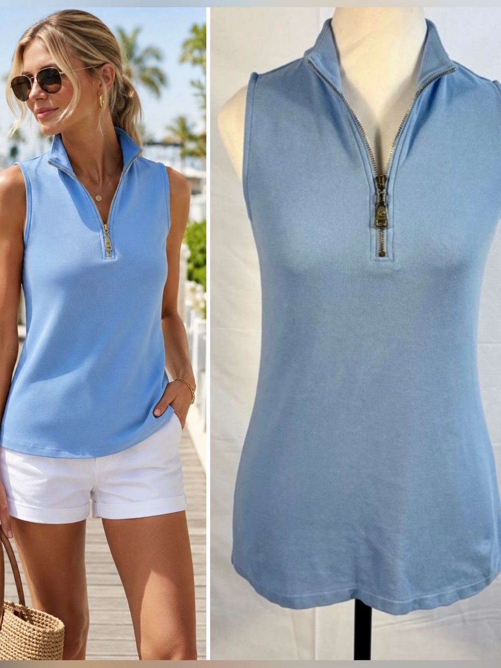 💥Spartina 449 Serena Half-Zip Pique Sleeveless Top Azure Blue XXS💛